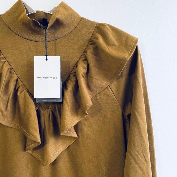 Who What Wear Medium Women's Long Sleeve Knit Ruffle Sheath Brown Mini Dress New - Picture 2 of 12